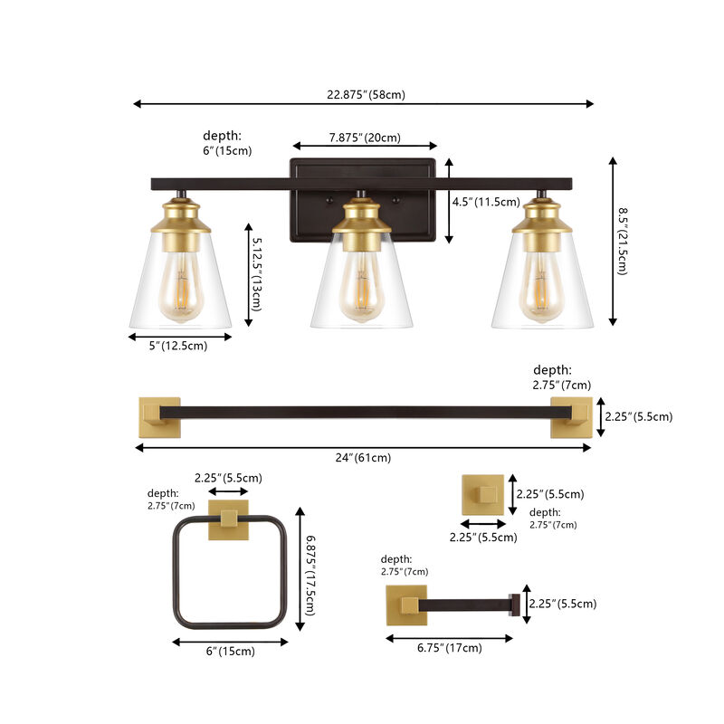 Arlo 22.88" 3-Light Vintage Classic Vanity Light with Bathroom Hardware Accessory 5-Piece Set