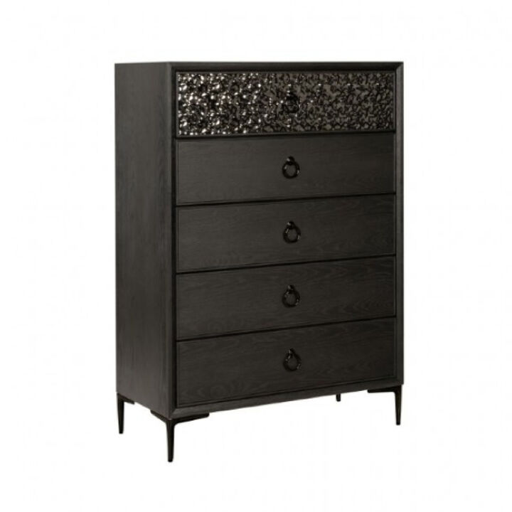 Kaira Tall Dresser Chest, 5 Drawers, Textured Metal, Espresso Brown - Benzara