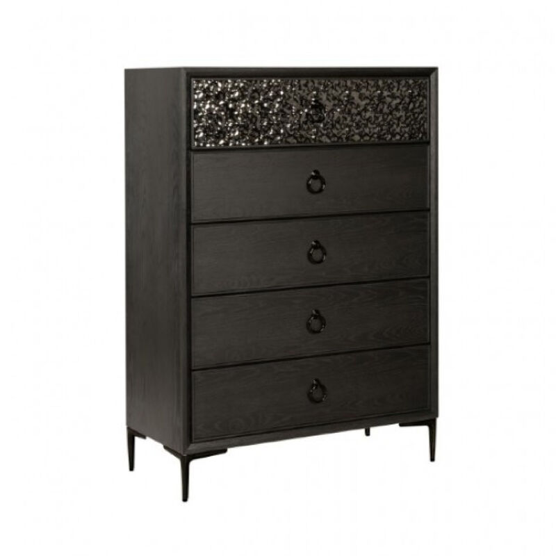 Kaira Tall Dresser Chest, 5 Drawers, Textured Metal, Espresso Brown - Benzara