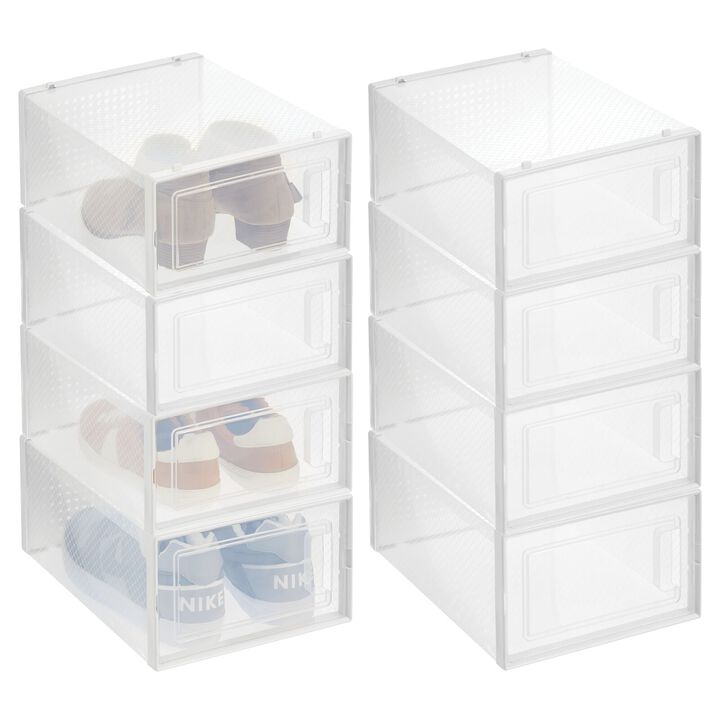 mDesign Plastic Stackable Closet Shoe Storage Box, Side Opening, 8 Pack, Clear