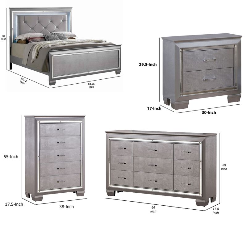 Queen Bedroom Set, Silver and Gray, 4 Piece Set with Chest, Dresser, and Nightstand image number 7