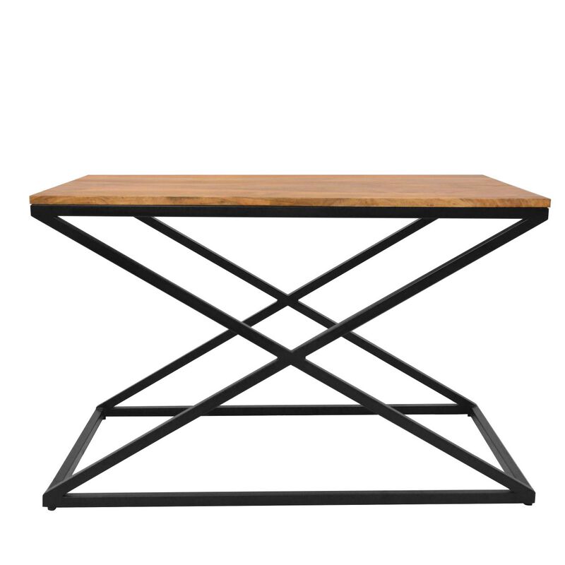 35 Inch Wooden Rectangle Coffee Table with X Shaped Metal Frame, Brown and Black image number 4