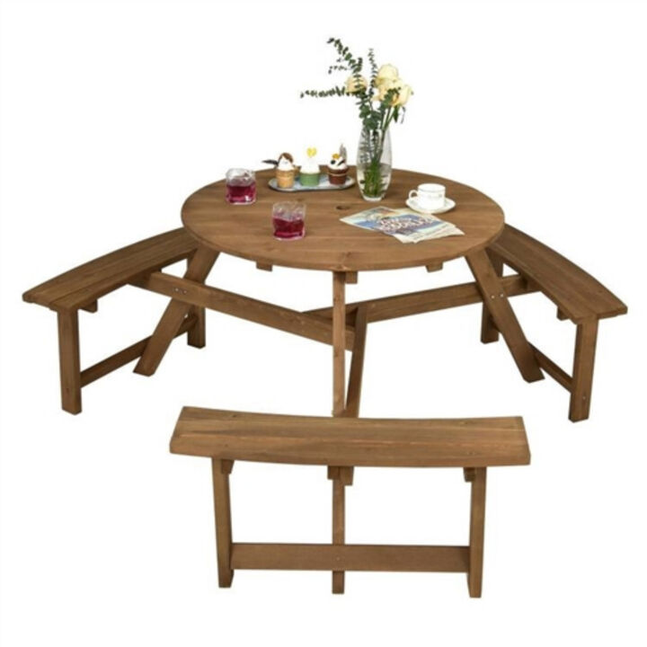 Outdoor Solid Wood Round Dining Table Set with Umbrella Hole and 3 Benches