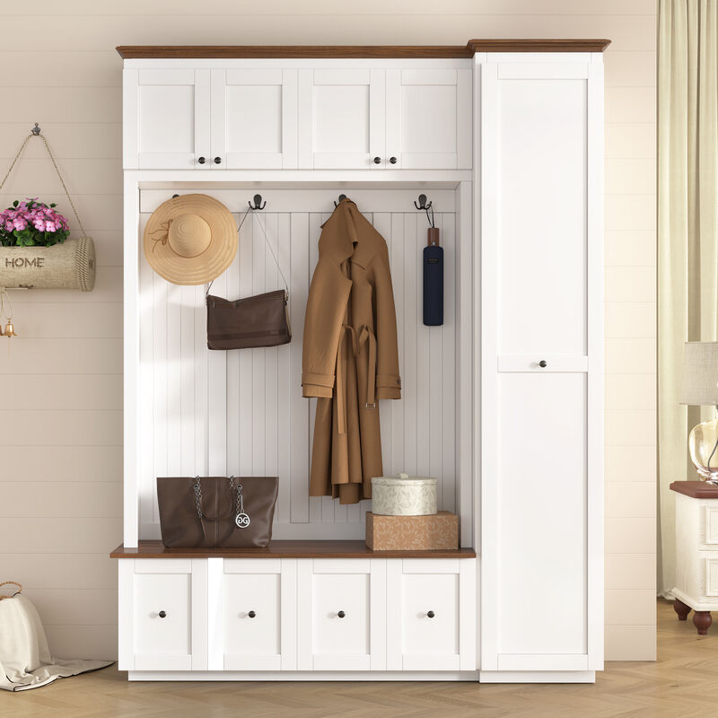 Merax Farmhouse Hall Tree with 2 Top Cabinets, 4 Drawers, Extra-Large Side Storage image number 2