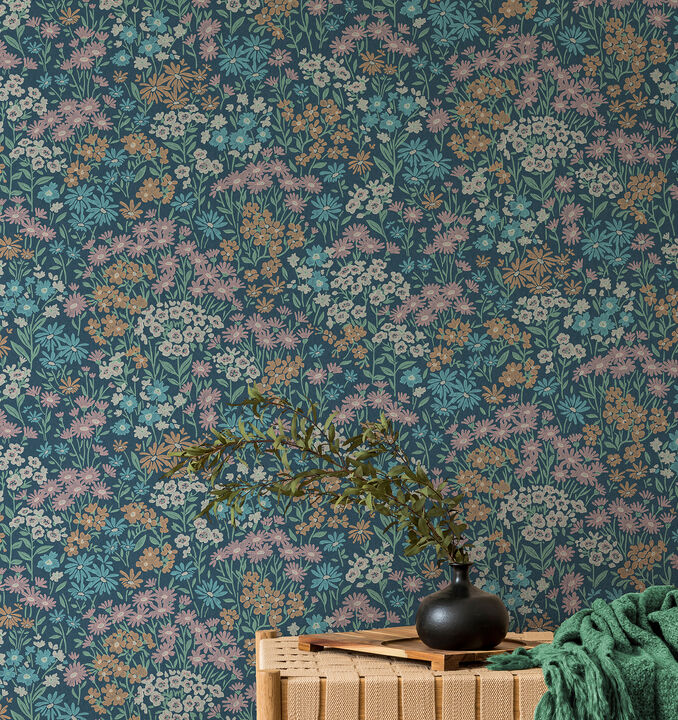 Ditsy Dark Blue Daisies Wallpaper