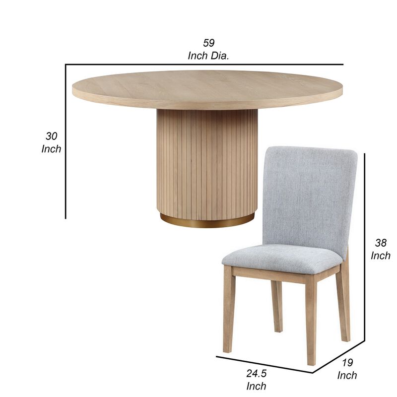 Emi 5 Piece Dining Table and Chairs Set, Round, Pedestal Base, Oak Brown - Benzara