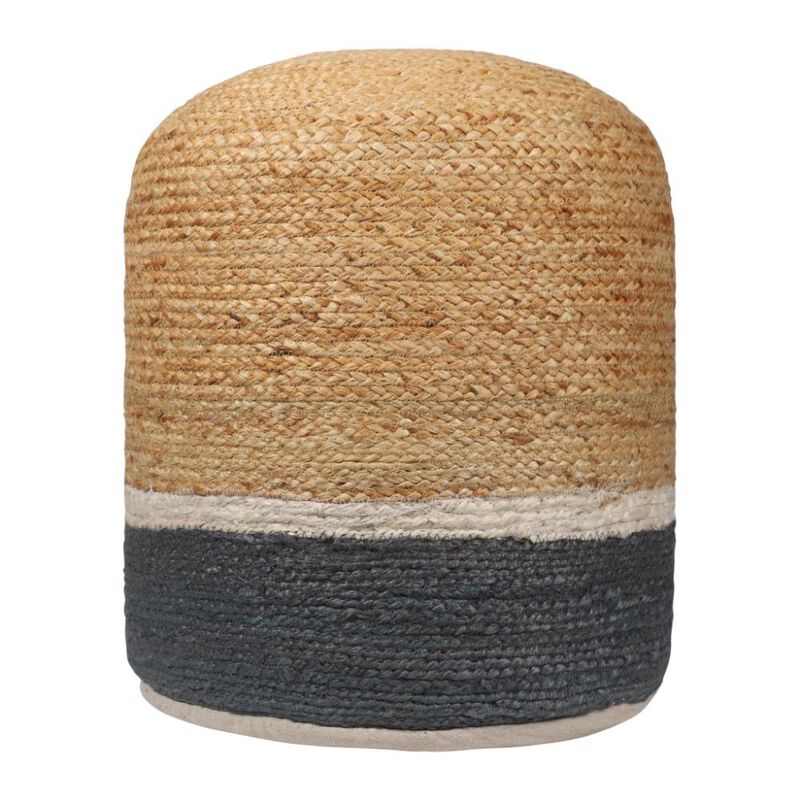 Hivvago 18 Inch Natural And Gray Jute Blend Cylinder Striped Pouf Ottoman
