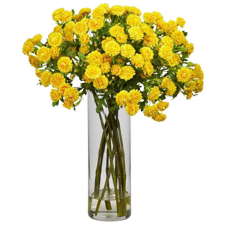 Nearly Natural Japanese Flowers w/Glass Vase Yellow