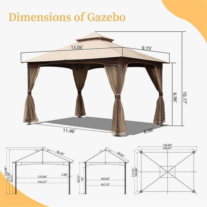 10'x13' Gazebo, Outdoor Gazebo with Mosquito Netting, Metal Frame Double Roof Soft Top Patio Gazebo Canopy Tent for Deck Backyard Garden Lawns (Khaki)