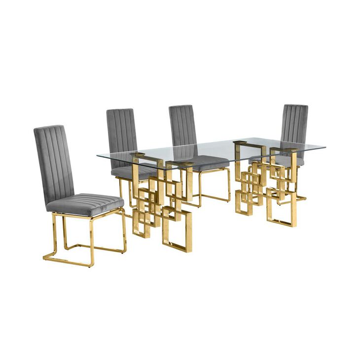 5-piece glam dining set with 4 Dark grey chairs and one 79" glass  table