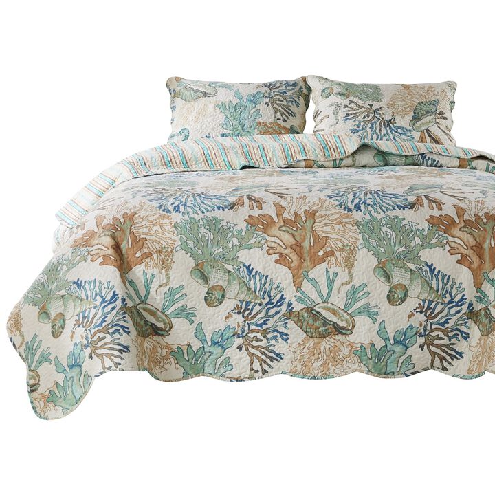 Wade 3pc Full/Queen Quilt Set with Sham, Jade Blue Coastal Microfiber - Benzara