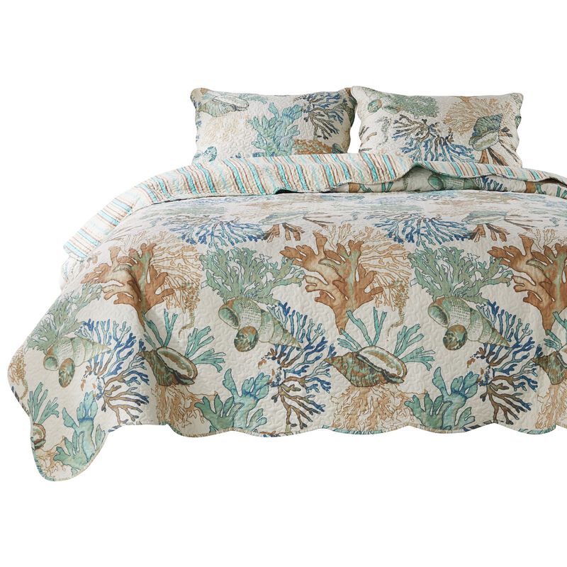 Wade 3pc Full/Queen Quilt Set with Sham, Jade Blue Coastal Microfiber - Benzara