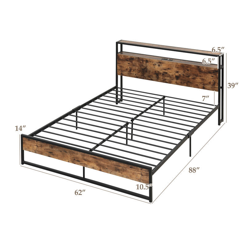 Bed Frame with 2-Tier Storage Headboard and Charging Station