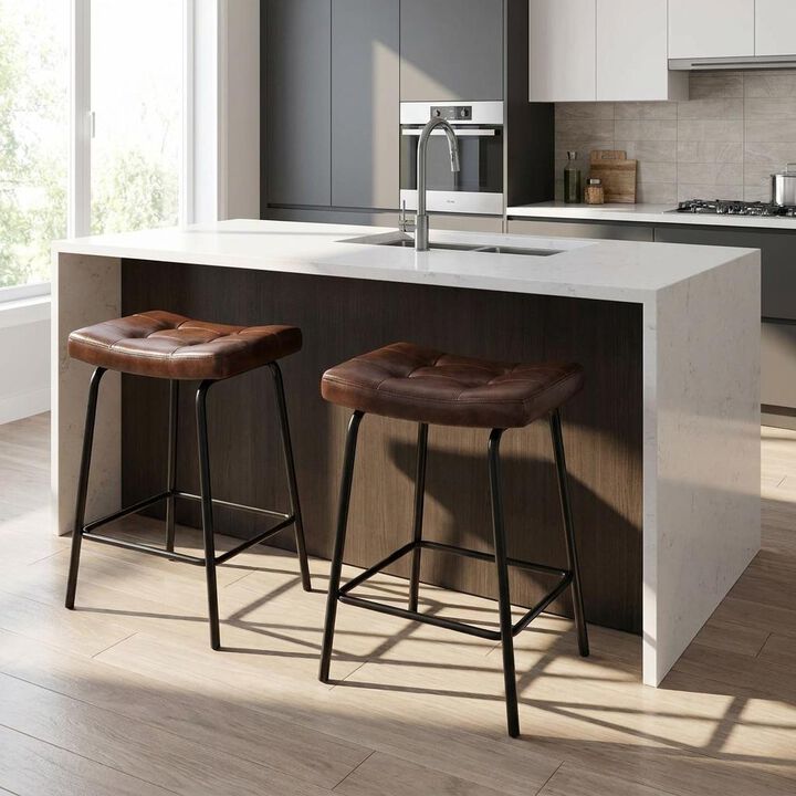 HomeRoots Set of Two Faux Leather and Metal Counter Height Bar Chairs