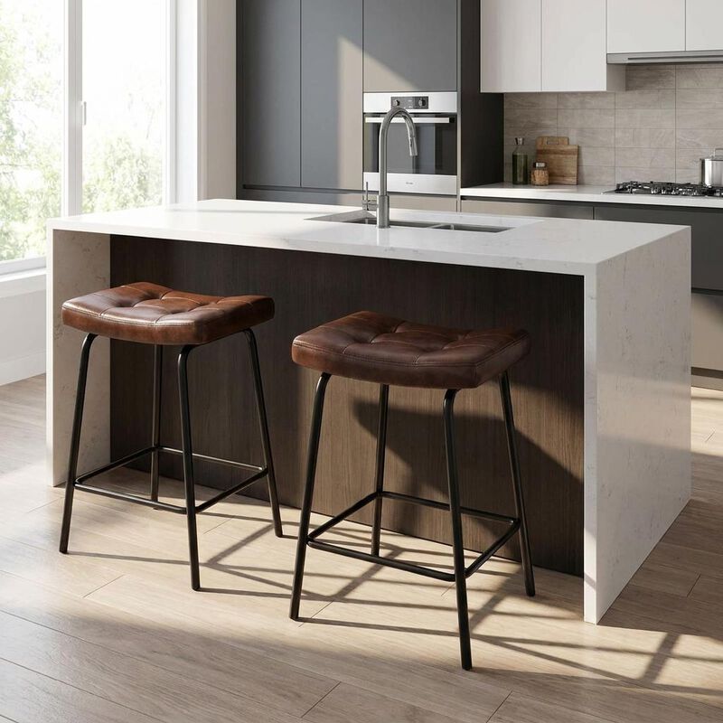 HomeRoots Set of Two Faux Leather and Metal Counter Height Bar Chairs image number 1