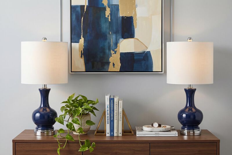 HomeRoots Set of Two 22" Navy Blue And Silver Gourd Bedside Lamps With Drum Shades image number 1