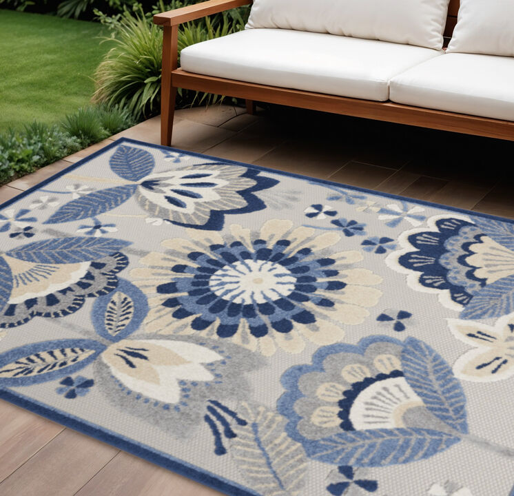 HomeRoots 8' X 11' Blue And Gray Floral Indoor Outdoor Area Rug