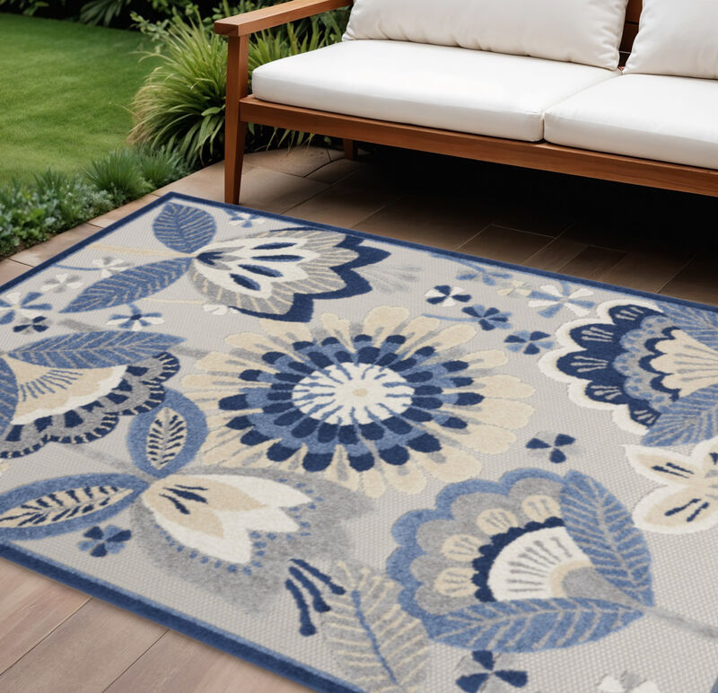 HomeRoots 8' X 11' Blue And Gray Floral Indoor Outdoor Area Rug image number 1