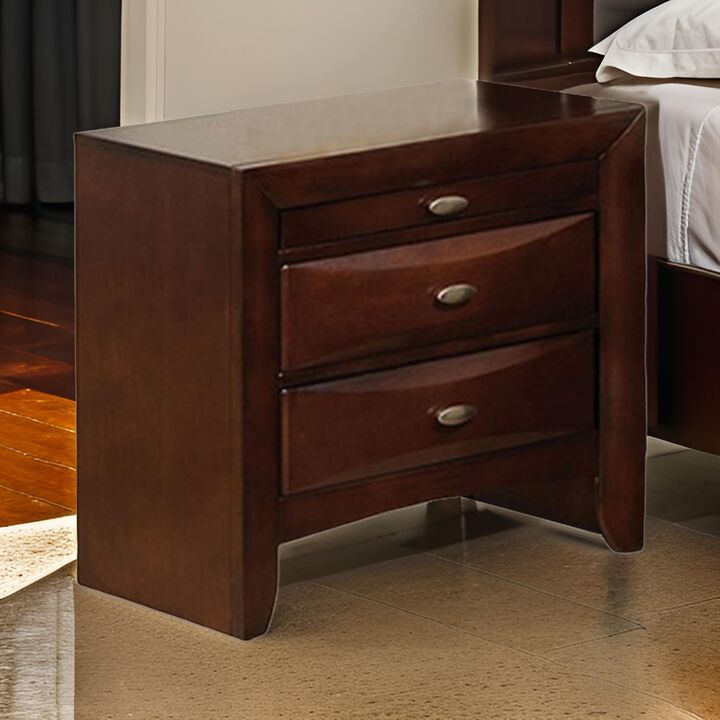 Simo Nightstand, Spacious Top, Nickel, 3 Drawers, Cherry Brown Solid Wood - Benzara