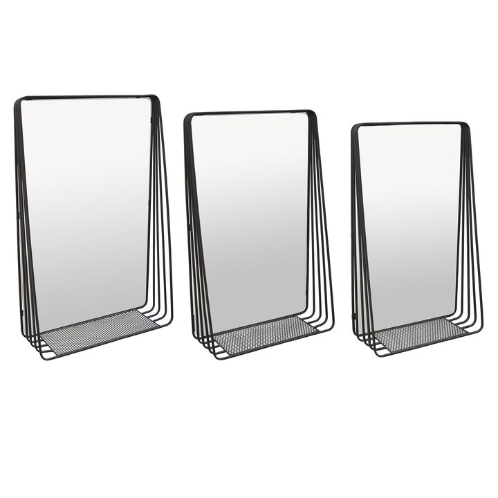 3pc Decorative Wall Mirror with Shelf Set, Black Metal Rectangular - Benzara