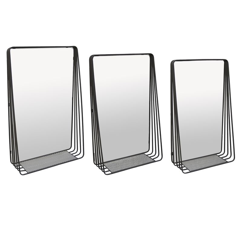 3pc Decorative Wall Mirror with Shelf Set, Black Metal Rectangular - Benzara