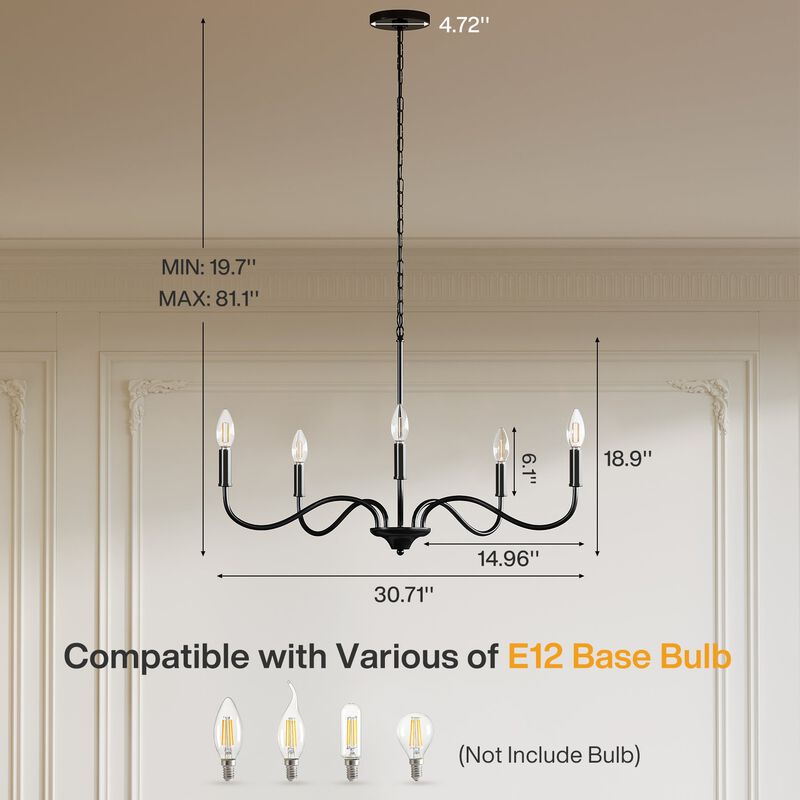 Matte Black Five-Light Modern Chandelier, Adjustable Rotating Arms image number 2