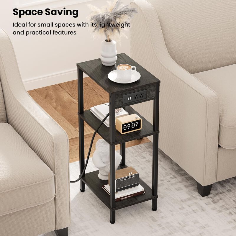 Creso hom Tall End Table with Charging Station and USB Ports, 3 Tier Narrow Side Table with Storage, Skinny Nightstand with Outl