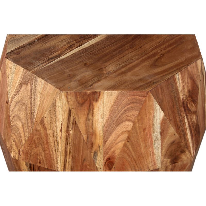 Bon 22 Inch Artisanal End Side Table, Multifaceted Solid Acacia Wood, Octagon Top, Natural Brown-Benzara