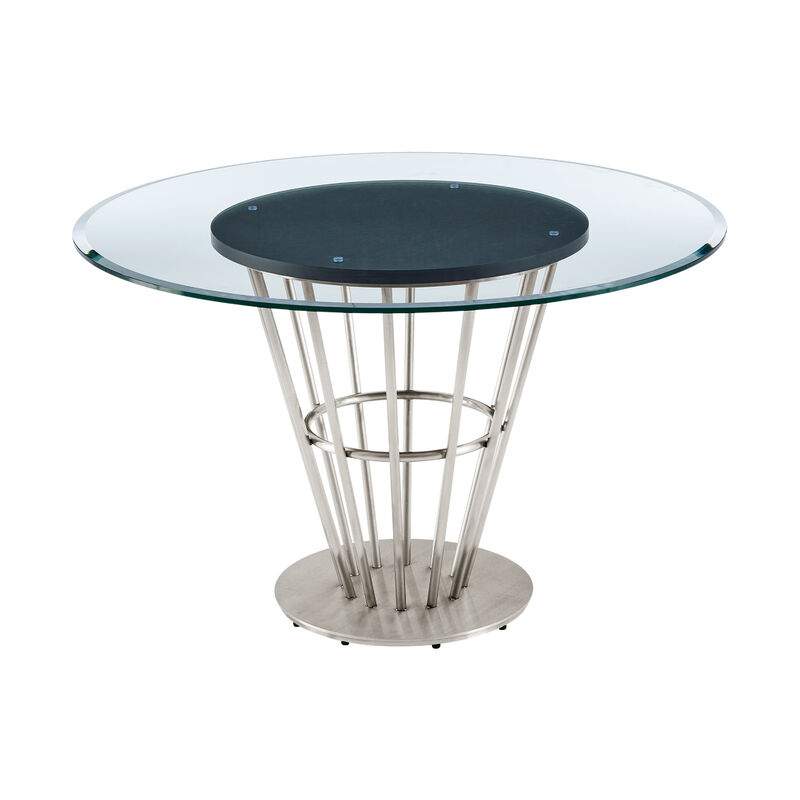 Vena Dining Table, Brushed Steel, Brown Wood, 48 Inch Glass Top