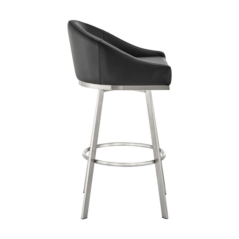 Noran Swivel Stool in Brushed Stainless Steel with Black Faux Leather