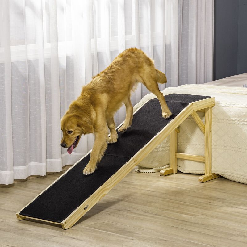 Natural/Black Pet Access: 74"L Wooden Ramp with Non-slip Carpet Top image number 1