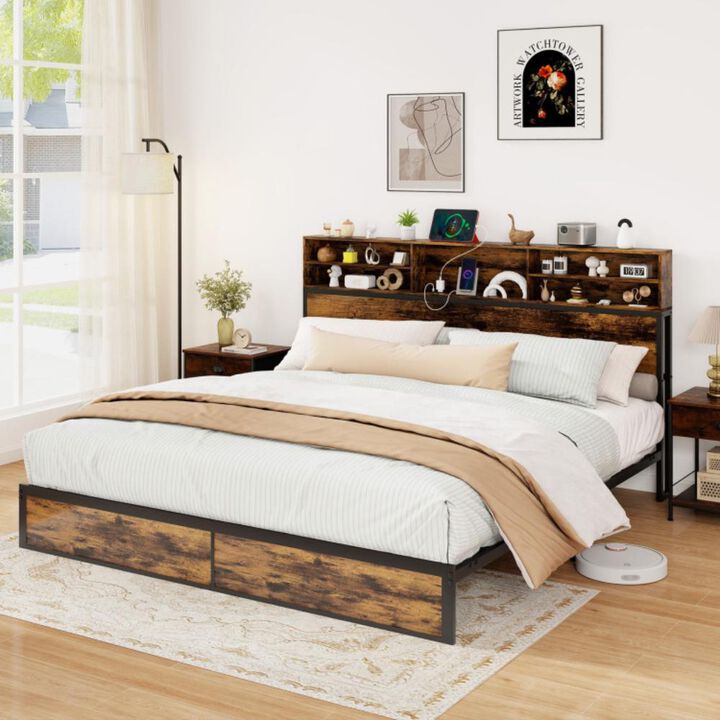 Hivvago Bed Frame with Storage Headboard Industrial Metal Platform Bed