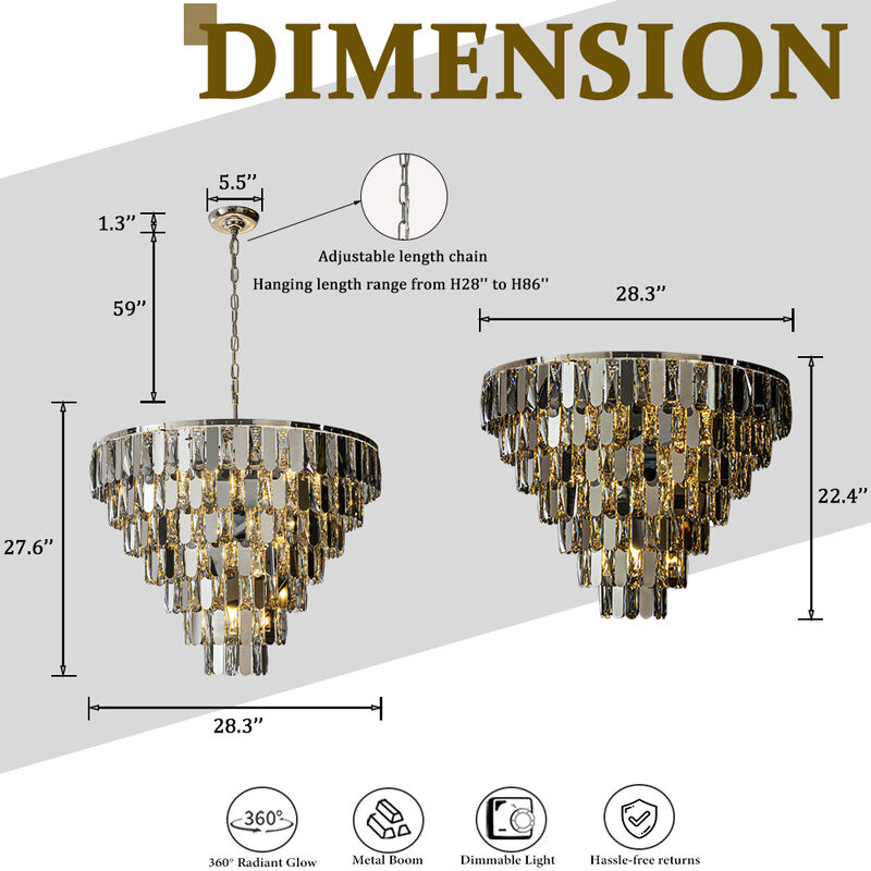 Smoked Crystal Chandelier Modern Pendant Light Fixture with Polished Nickel Finish and Stainless Steel Accents for Dining Room image number 5