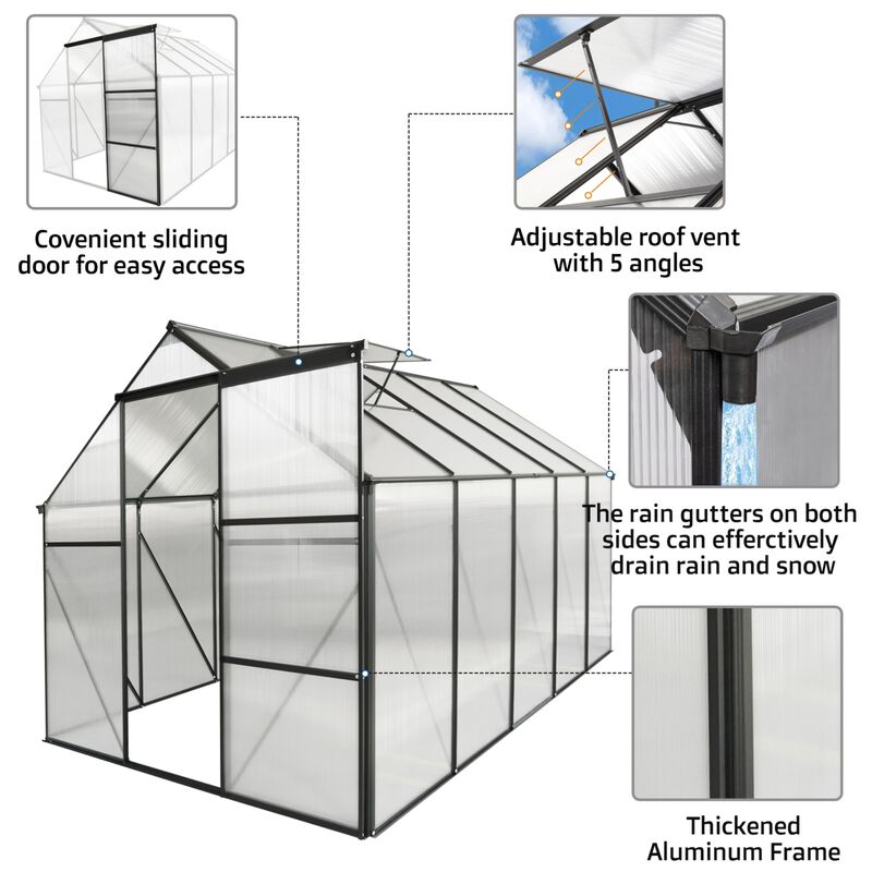 6x10 FT Greenhouse Raised Base&Anchor Aluminum Heavy Duty Walk-in Greenhouses for Outdoor image number 4