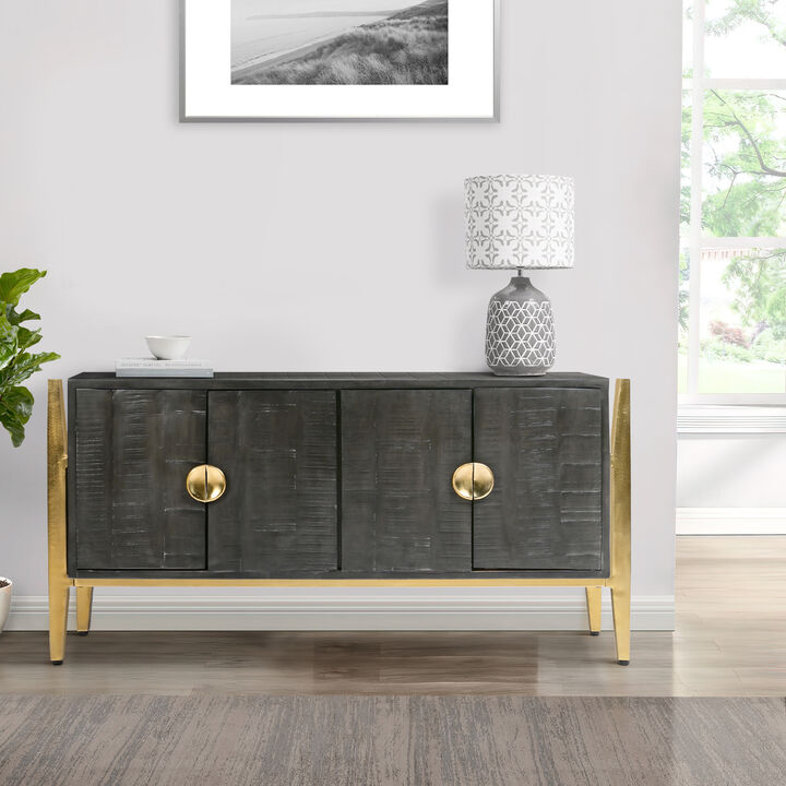 Tali 48 Inch Accent Sideboard Buffet Cabinet, 2 Doors with Gold Round Handles, Saw Marked, Charcoal Gray Acacia Wood-Benzara