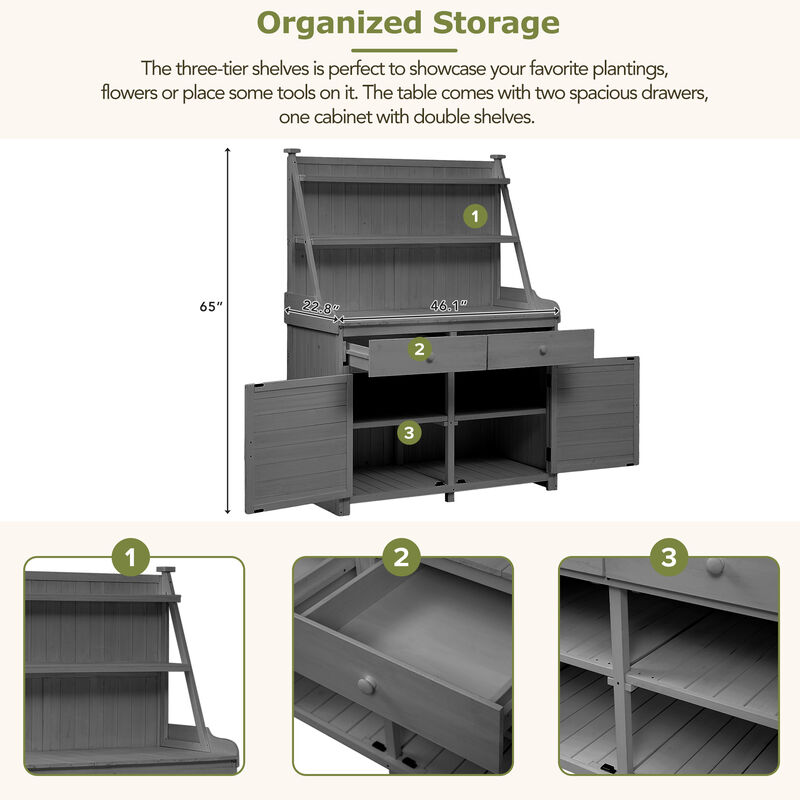 Garden Potting Bench with Storage Shelf, Drawer & Cabinet, Fir Wood Workstation