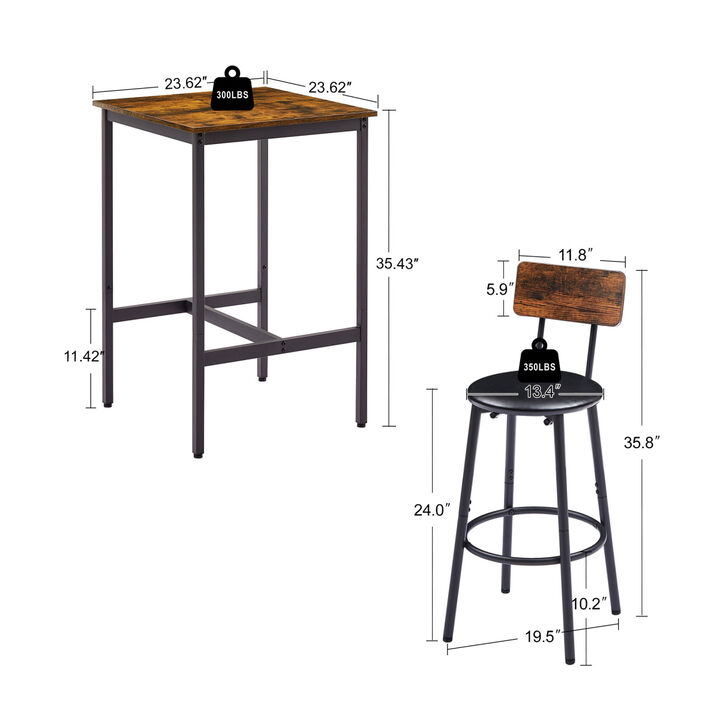Bar Table Set with 2 Bar stools PU Soft seat with backrest, Rustic Brown, 23.62" W x 23.62" D x 35.43" H