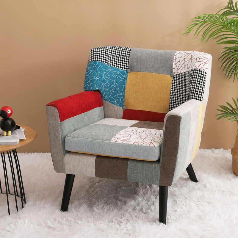 Patchwork Accent Chair, Mid Century Modern Fabric Club Chair for Bedroom Comfy, Colourful Single Sofa Chair for Living Room, Bedroom, Office, Study and Reading Room
