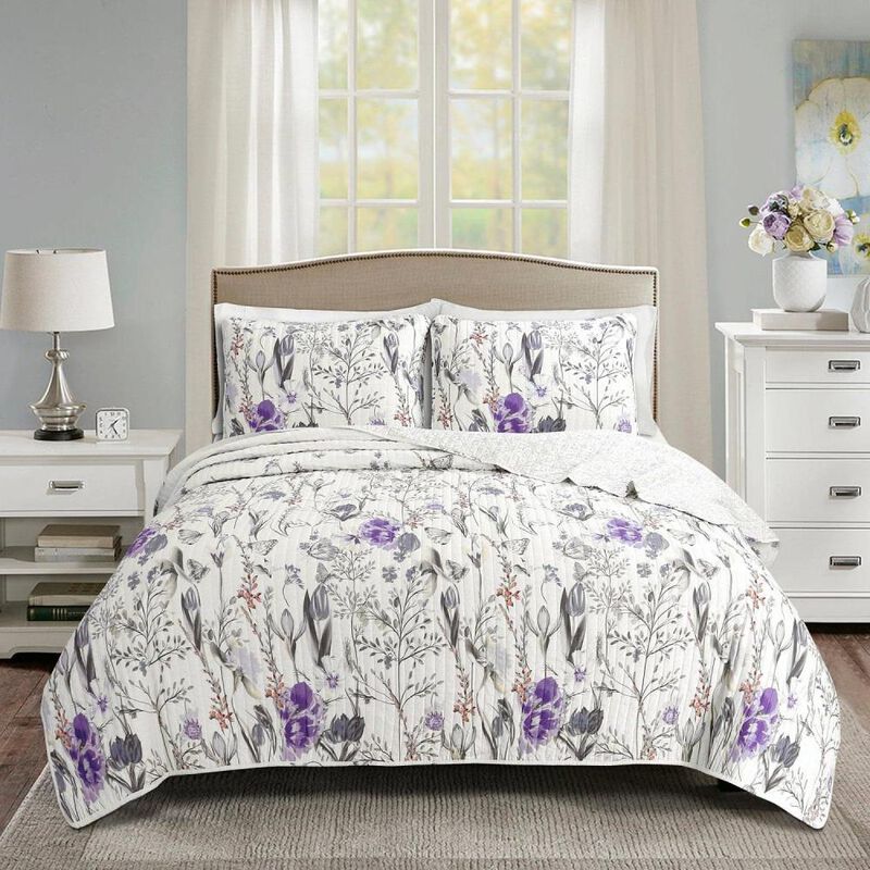 Hivvago Size Lightweight Purple Grey White Floral Quilt Set
