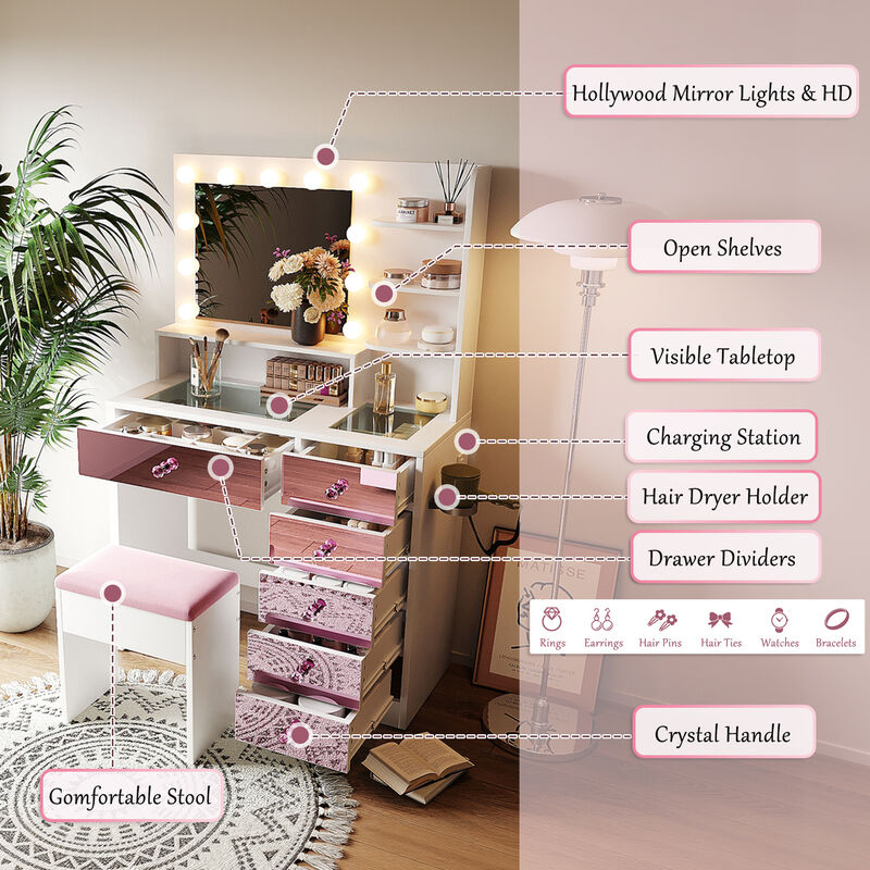 Whisen 37" Vanity Set with 11 Bulbs & 6 Drawers, Glass Top, USB Charging, MDF Dressing Table for Bedroom image number 3