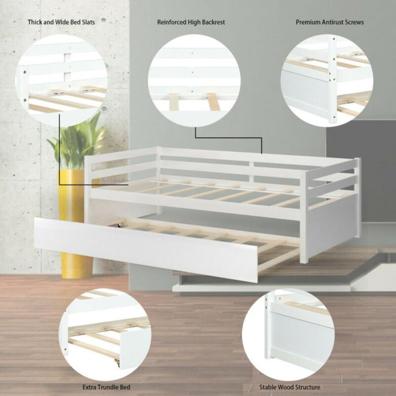 Hivvago Twin Size Trundle Platform Bed Frame with  Wooden Slat Support