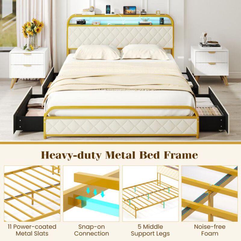 Hivvago Queen Size Bed Frame with LED Lights and Charging Station Gold