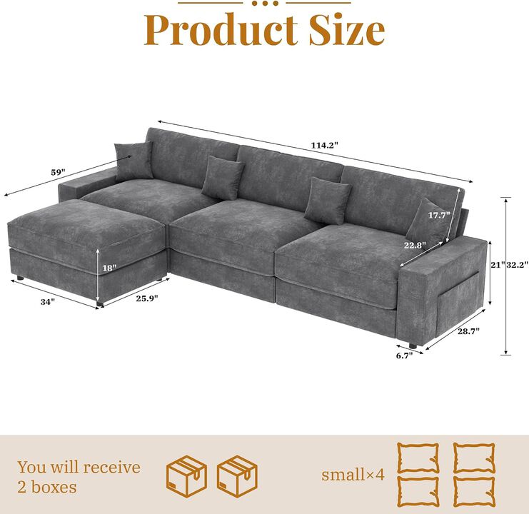 Vipbear 114.2" Modular L-Shaped Sectional Sofa, Oversized Cloud Couch with Ottoman for Living Room