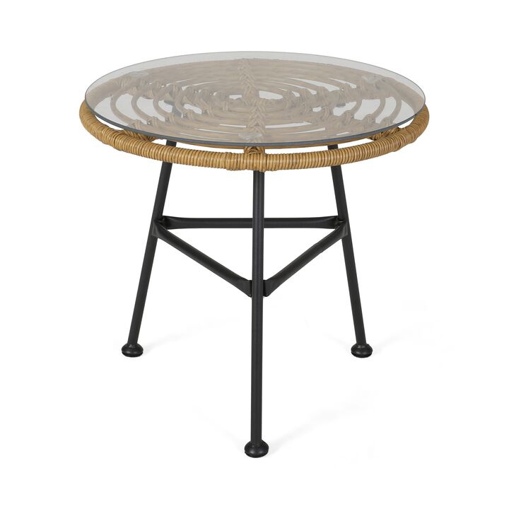 Tee Outdoor Side End Table, 20 Inch Rattan Weave, Glass Top, Steel - Benzara