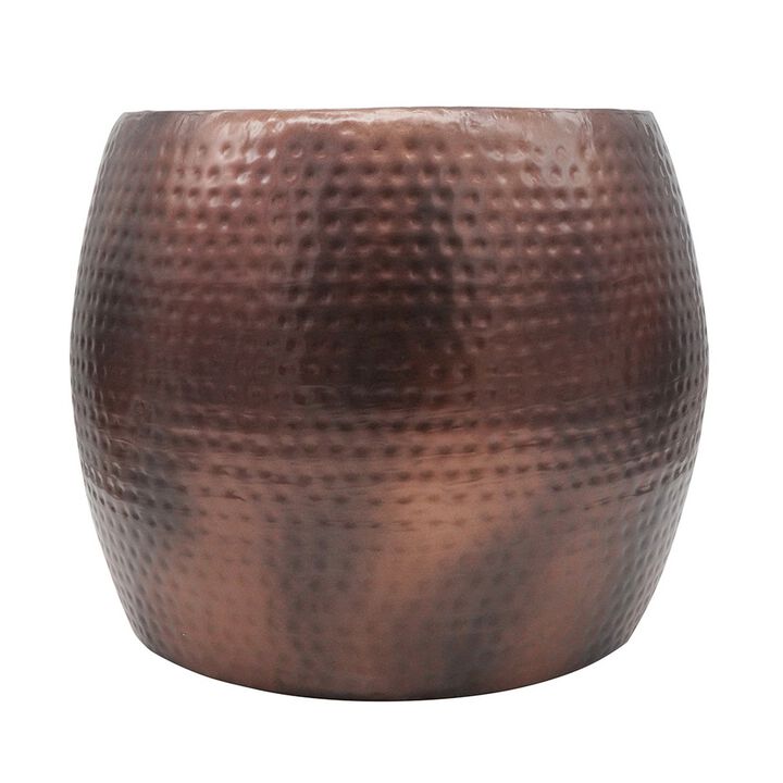 20 Inch Classic Iron Low Accent Table, Round Top, Drum Shape, Brown