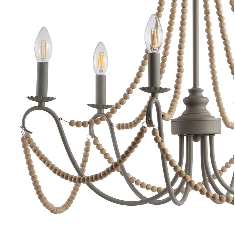 Rustica Adjustable Greige Metal/Wood Bead LED Chandelier
