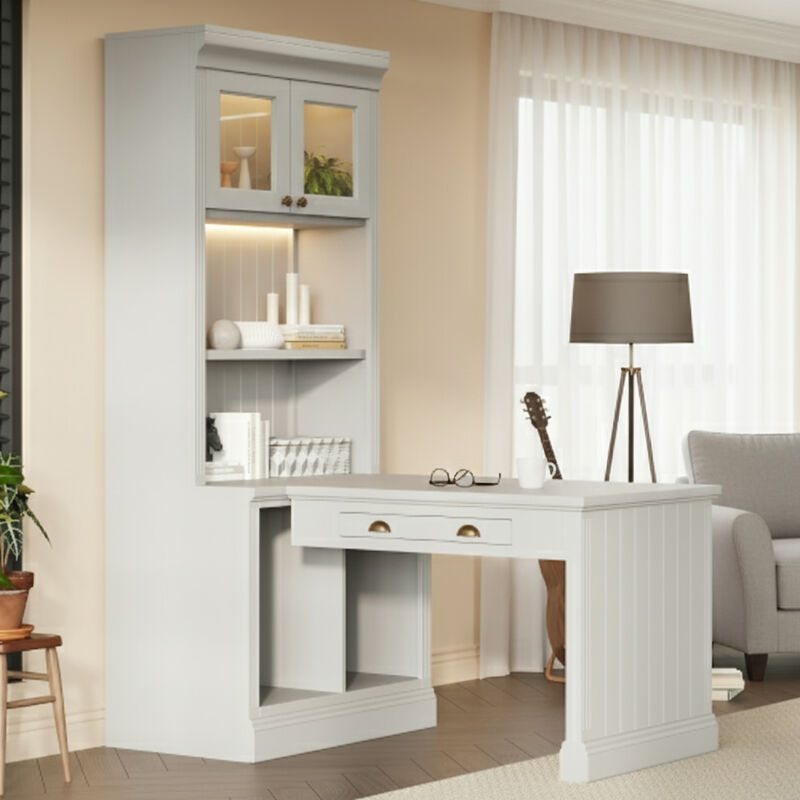 Whisen 83.4" Bookcase with Writing Desk, Modern Bookcase with Storage Shelves, Solid Wood & MDF for Home Office image number 3
