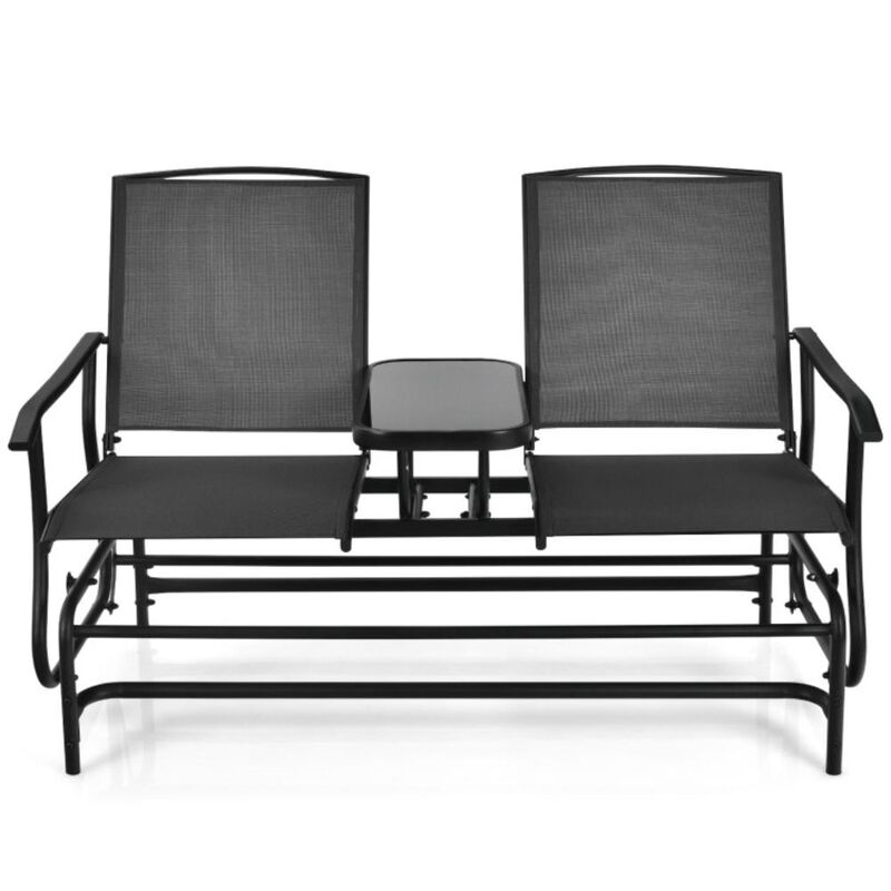 Hivvago 2-Person Double Rocking Loveseat with Mesh Fabric and Center Tempered Glass Table