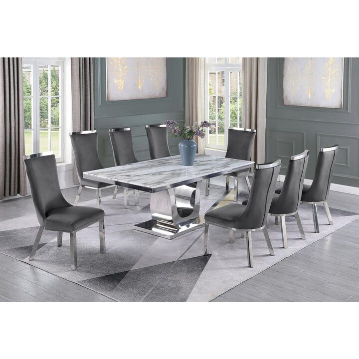 9pc dining set- Rectangle Marble table with a U shape silver base and 8 Dark Grey side chairs