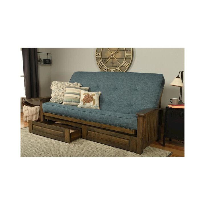Washington Queen Frame-Rustic Walnut Finish-Linen Aqua Mattress-Storage Drawers